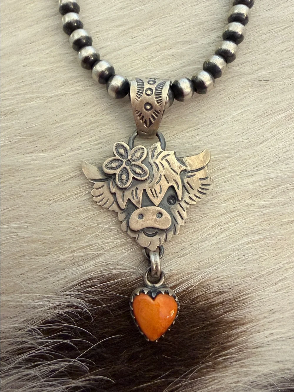 ❤️ Orange Spiny Oyster Heart Sterling Hand Stamped Highland Cow Pendant 1.97”L - Picture 1 of 13